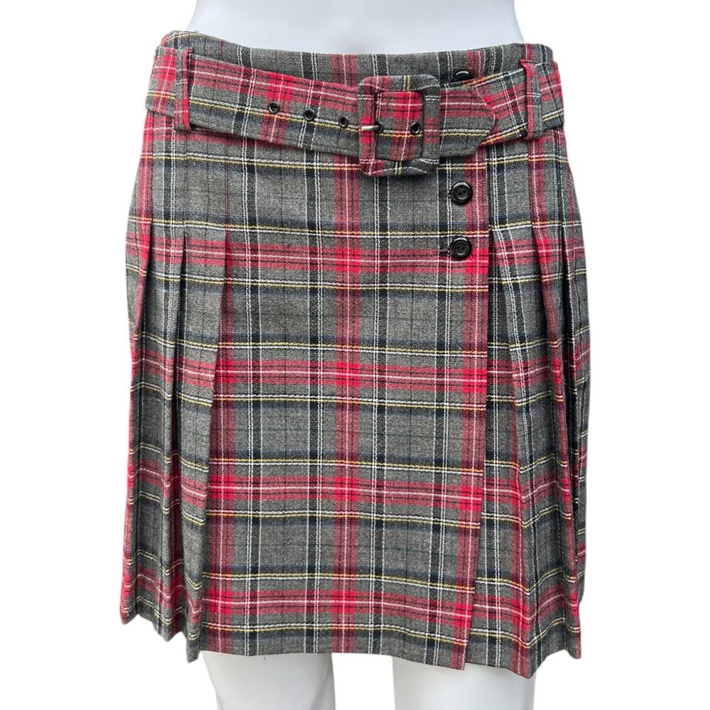 90s 579 Gray Plaid Pleated Mini Skirt Belted Women’s 7 Made in USA Schoolgirl